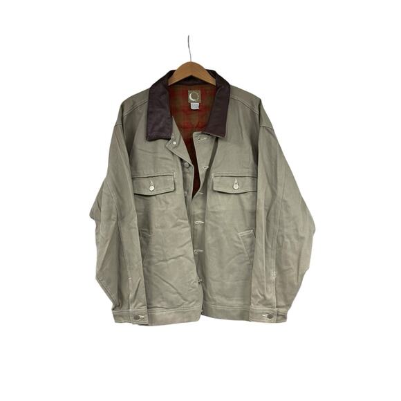 Vintage Von Pok & Chang Men’s Green Leather Collar Chore Jacket Workwear Size XL - Picture 1 of 7